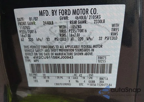 2008 Mercury Mariner V6 from USA, damaged, VIN 4M2CU91158KJ00943